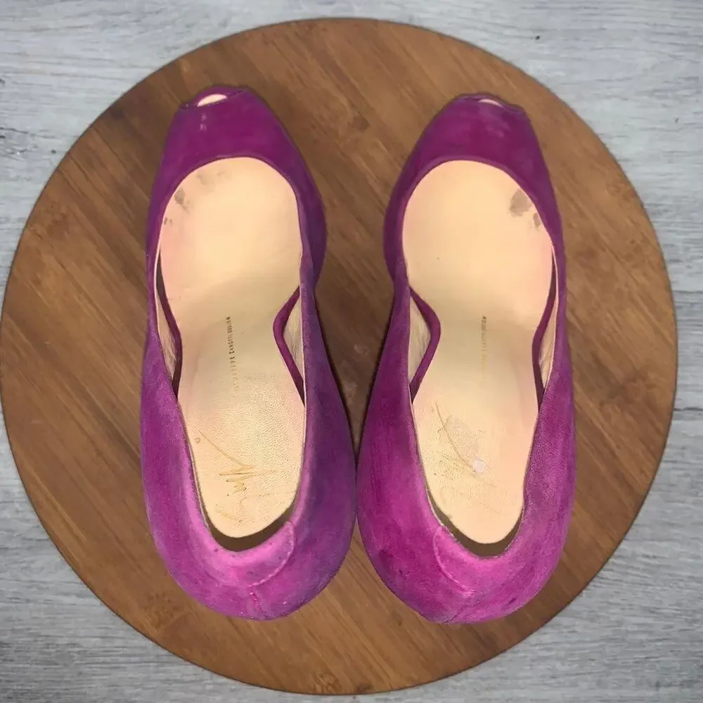 Giuseppe Zanotti SHARON Platform Peep Toe Suede Purple Clover Pump Heels Sz 38.5